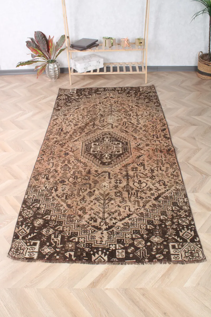 Vintage Rug, Oversize 4.3x8.2 ft Rug, Oushak Brown Ikat Rug - 1