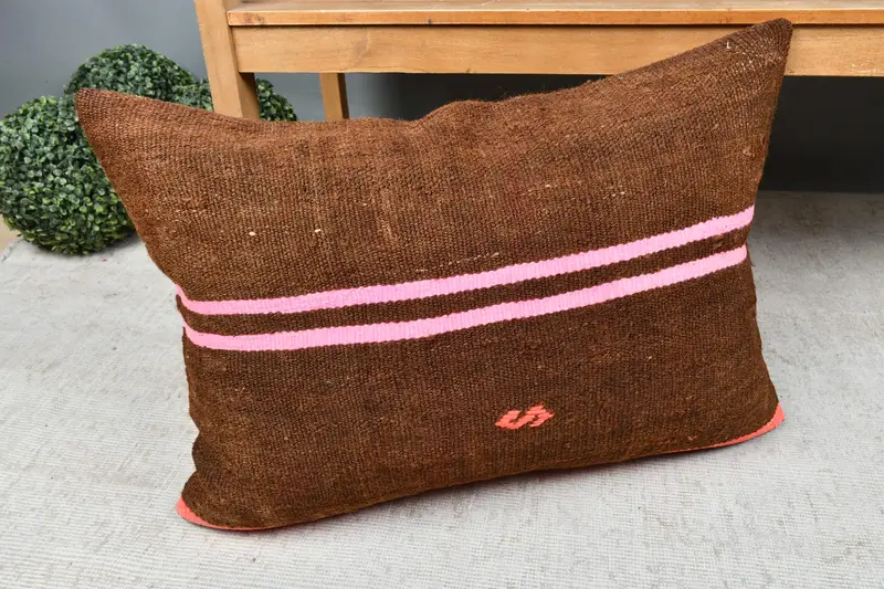 Pillow for Sofa, Pillow, Handmade Rug Seat Cushion Case, Vintage Kilim Pillow, 20x28 Brown Cushion Cover, Turkish Pillow - 7