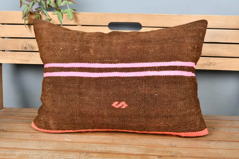Pillow for Sofa, Pillow, Handmade Rug Seat Cushion Case, Vintage Kilim Pillow, 20x28 Brown Cushion Cover, Turkish Pillow - 6