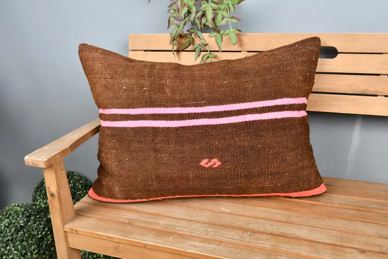 Pillow for Sofa, Pillow, Handmade Rug Seat Cushion Case, Vintage Kilim Pillow, 20x28 Brown Cushion Cover, Turkish Pillow - 1