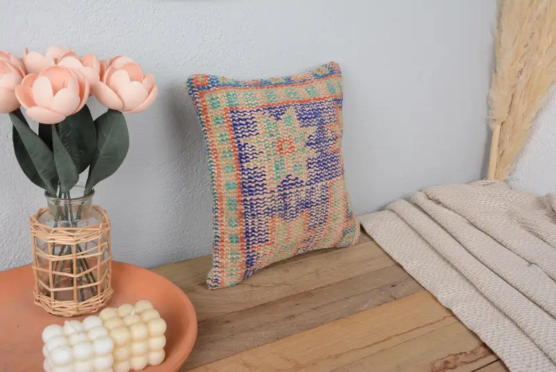 El Yapımı Mavi ve Yeşil Geometrik Kırlent, Vintage Keten Yastık