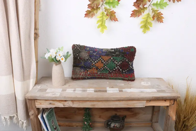 Interior Designer Pillow, Cushion, Vintage Kilim Throw Pillow, Handmade Rug Seat Cushion Case, 8x16 Blue Cushion Cover, Home Decor Pillow - 1