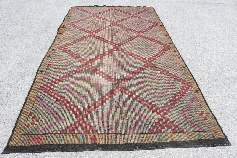 Turkish Rug, 5.7x11.2 ft Large Vintage Rug, Kilim Red Brown Ombré Rug - 1