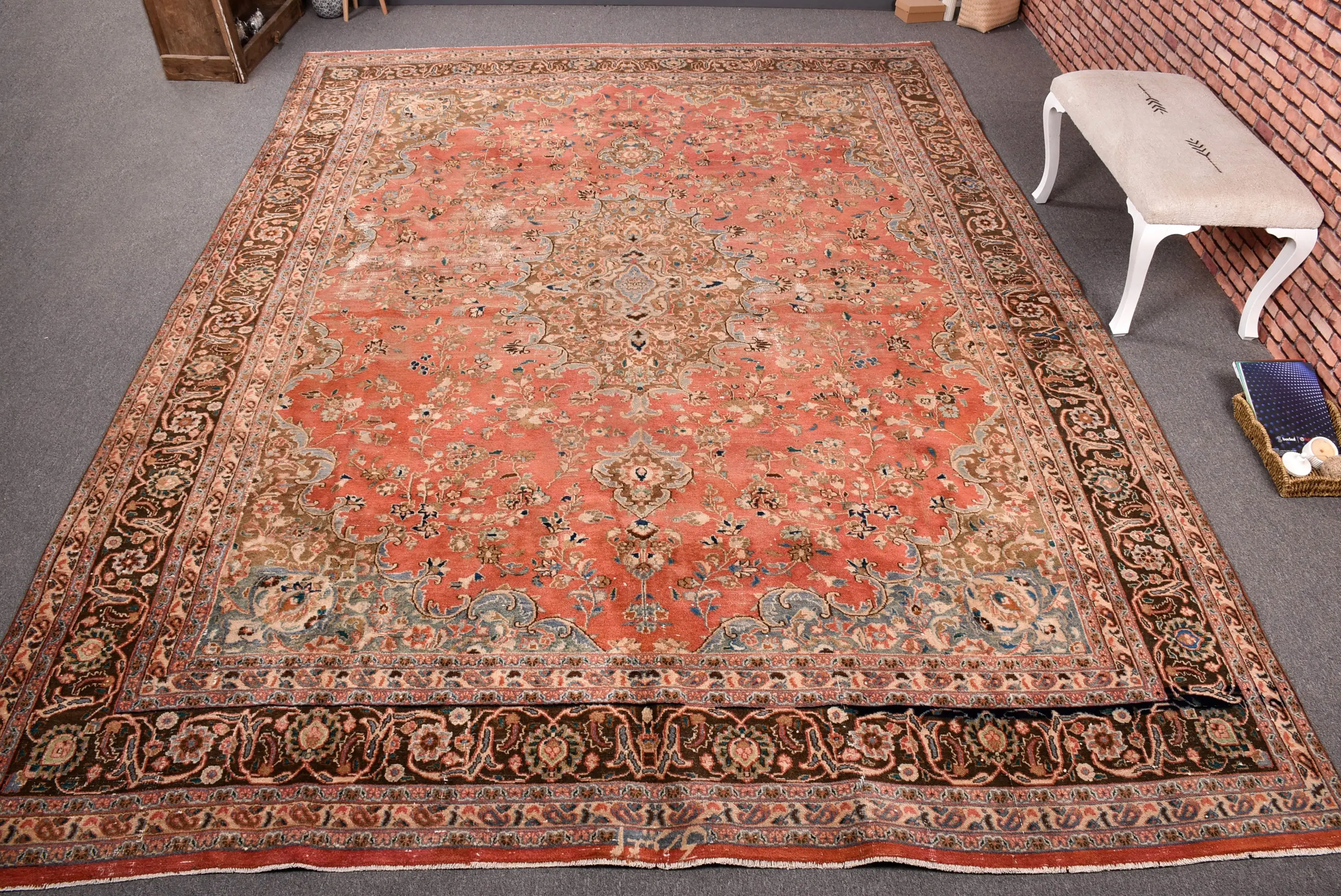 Turkish Oversize Rug 9x12.9 ft, Red Blue Bordered Rug Wool - 1