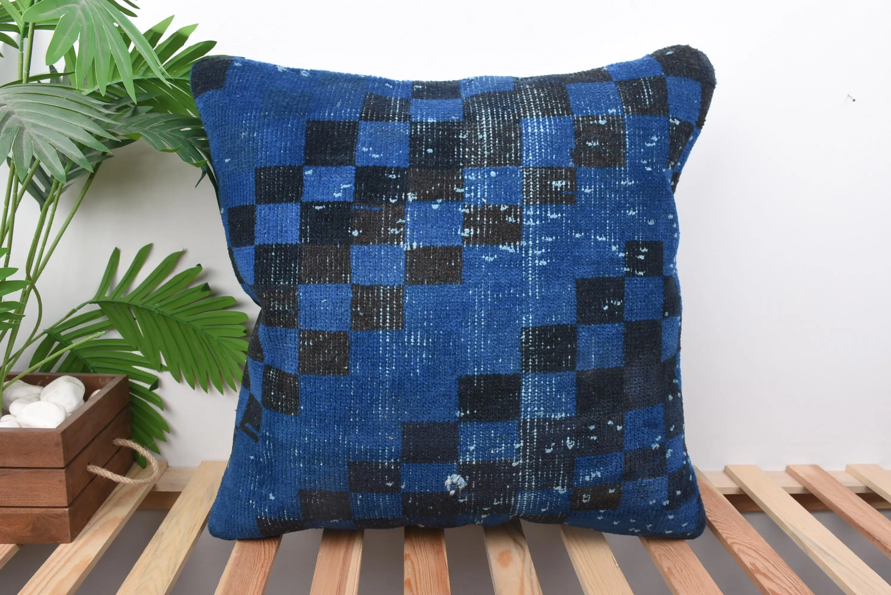 Blue Southwestern Embroidered Pillow, 22x22 Vintage Throw Pillow - 1