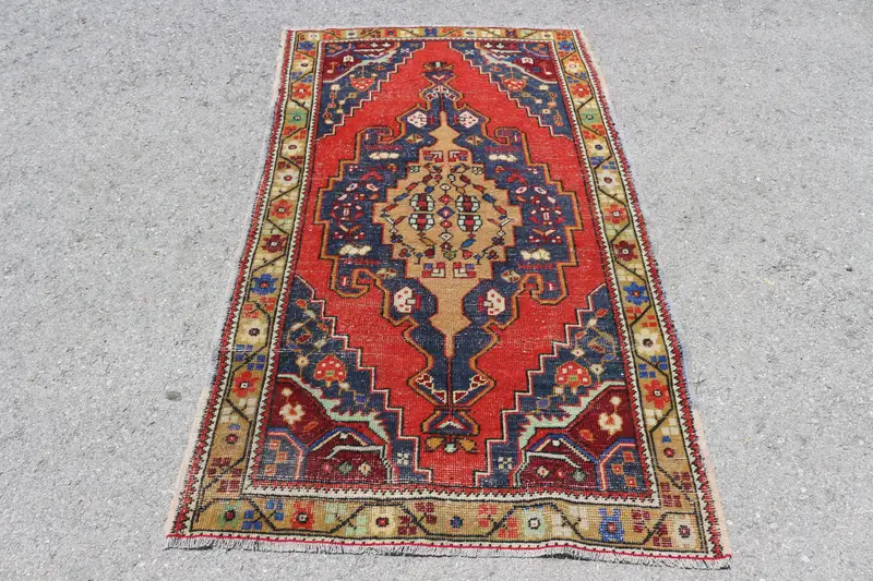 3.5x6.4 ft Accent Vintage Turkish Rug, Red Ombré Wool Rug - 1