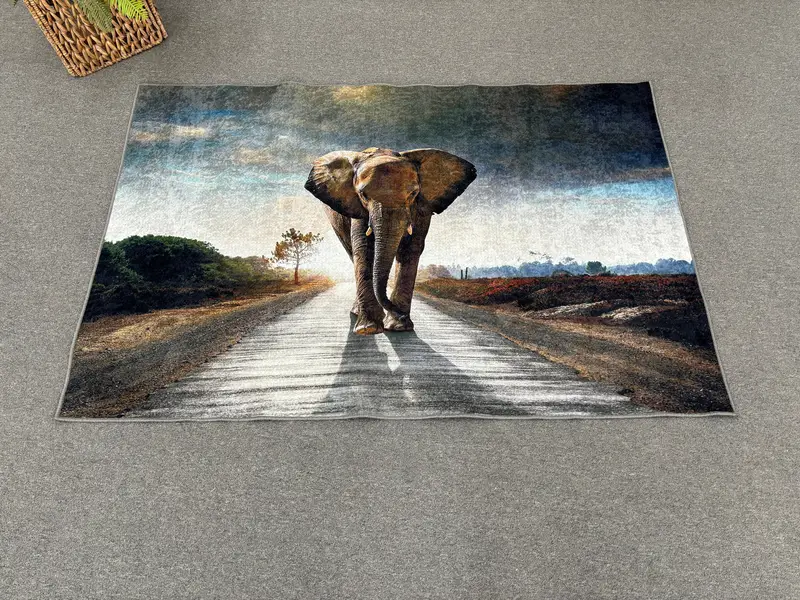 Görkemli Fil Desenli Halı, Vahşi Doğa Tasarımı, Baskılı Halı