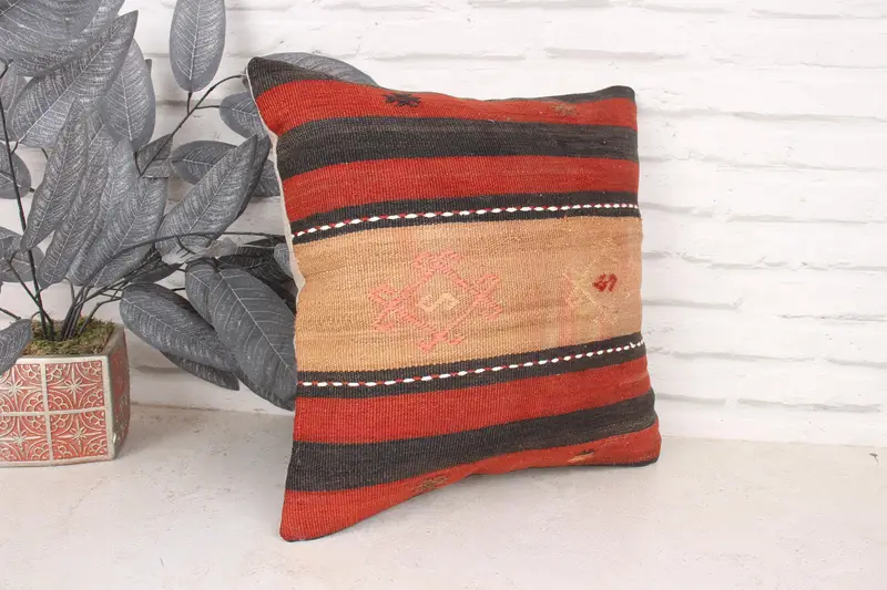 Antique Pillows, Authentic Pillow Sham, 16x16 Red Pillow Cover, Vintage Kilim Pillow, Kilim Cushion Sham, Pillow, Vintage Throw Cushion Cover - 3