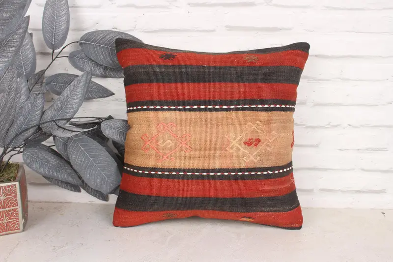 Antique Pillows, Authentic Pillow Sham, 16x16 Red Pillow Cover, Vintage Kilim Pillow, Kilim Cushion Sham, Pillow, Vintage Throw Cushion Cover - 1