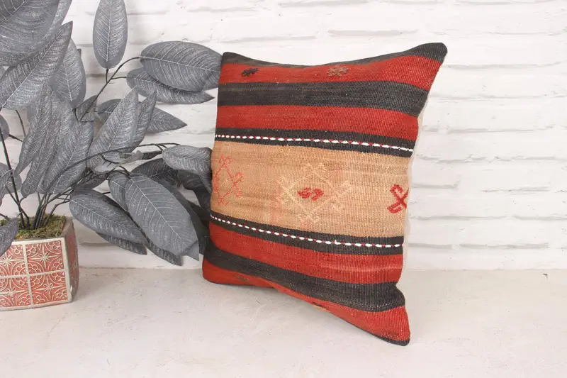 Antique Pillows, Authentic Pillow Sham, 16x16 Red Pillow Cover, Vintage Kilim Pillow, Kilim Cushion Sham, Pillow, Vintage Throw Cushion Cover - 4