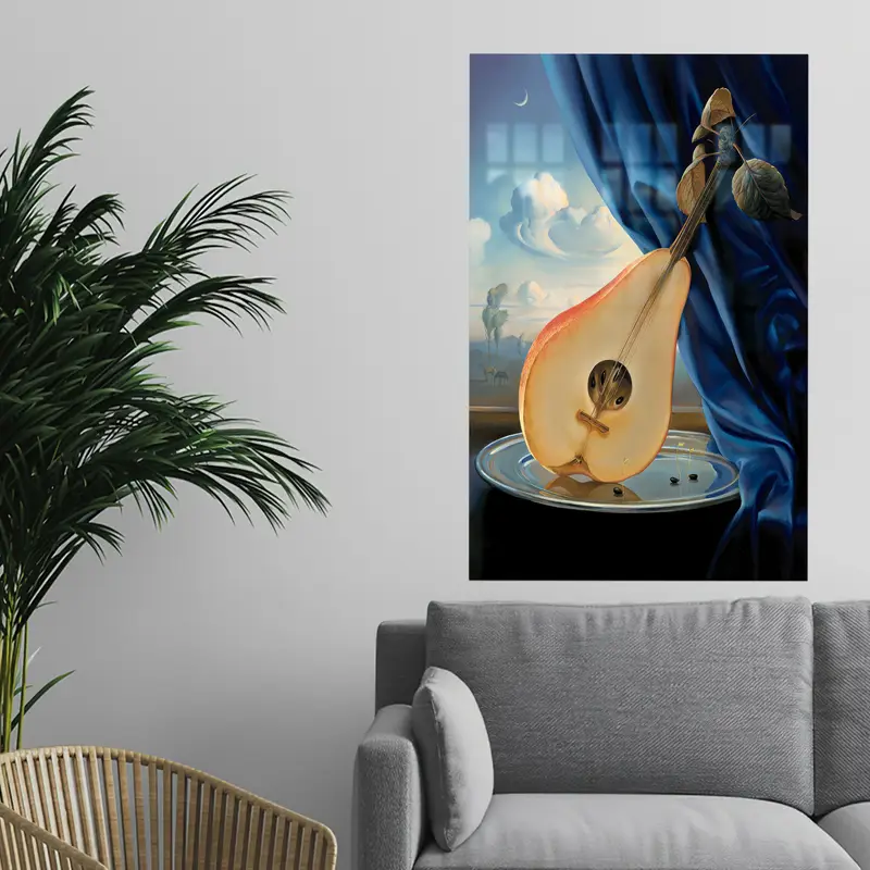 Zarif Armut ve Gitar Baskılı Cam: Gerçeküstü Soyut Müzik Teması