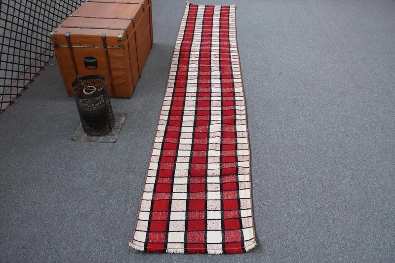 Vintage Turkish Runner Rug 2x10.5 ft, Red White Floral Rug - 1