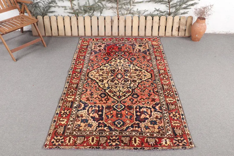 Alfombra hecha a mano, naranja vibrante y rayas azules 4.4x6.4 pies