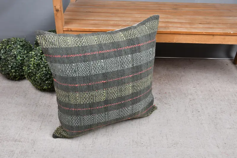 Pillow Case, 24x24 Gray Cushion Case, Pillow for Sofa, Boho Pillow Sham Cover, Kilim Pillow, Natural Cushion, Bright Pillow - 7