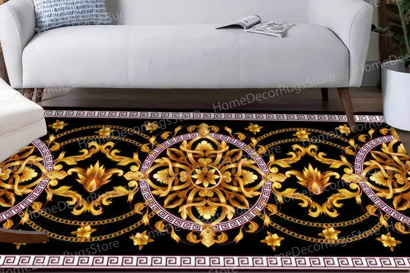 エレガントなブラックとゴールドのプリントラグ：豪華でトレンディなデザイン