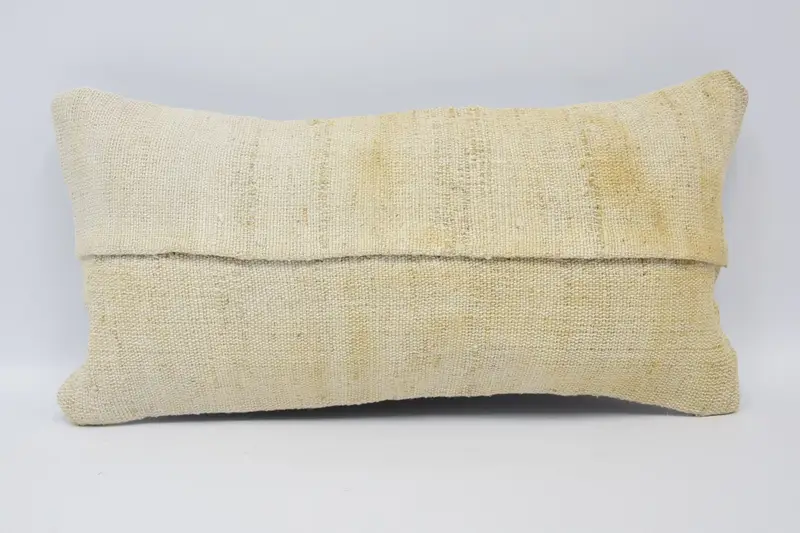 Vintage Antique Wool Cushion Cover, 8x16 inch TexturedBeige Plaid Euro Sham - 1