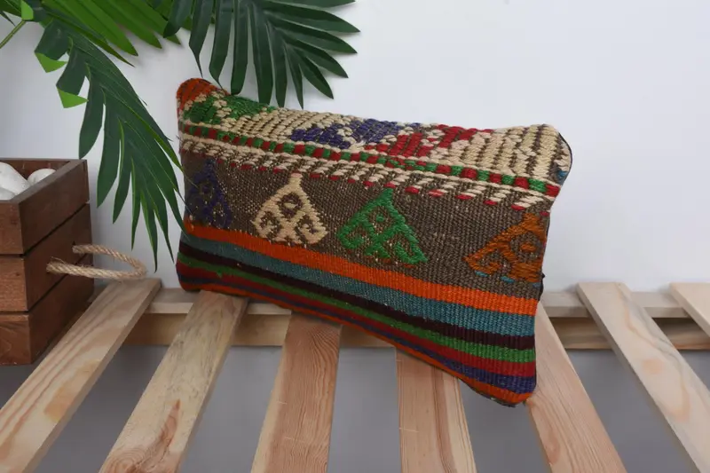 Muted Pillow Cover, Vintage Pillow, Art Deco Pillow Case, 8x16 Brown Pillow Cover, Ethnical Kilim Rug Pillow, Cushion, Handmade Kilim Cushion - 5