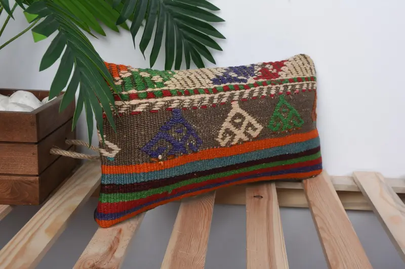 Muted Pillow Cover, Vintage Pillow, Art Deco Pillow Case, 8x16 Brown Pillow Cover, Ethnical Kilim Rug Pillow, Cushion, Handmade Kilim Cushion - 4