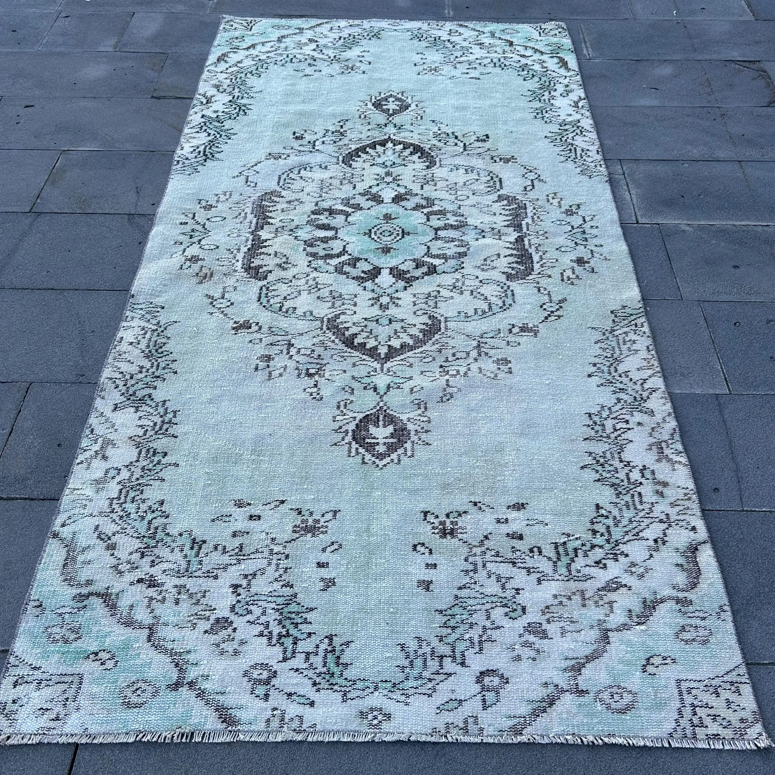 Turkish Vintage Rug 4.2x8.3 ft (127x253 cm), Blue Gray Ombré Rug - 1