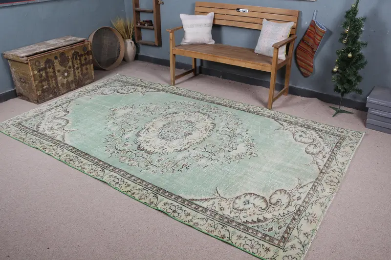 Türk Vintage Halı 5.5x9.5 ft (168x289 cm), Oushak Yeşil Kahverengi Kamuflaj Halı - 1