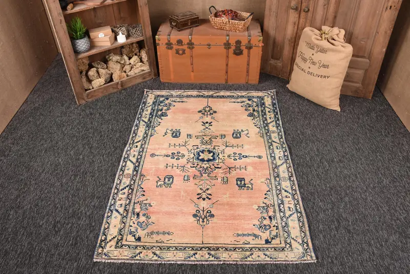 Türk Vintage Oushak Halı 4.3x6.1 ft, Mavi Alan Soyut Yün Halı - 1