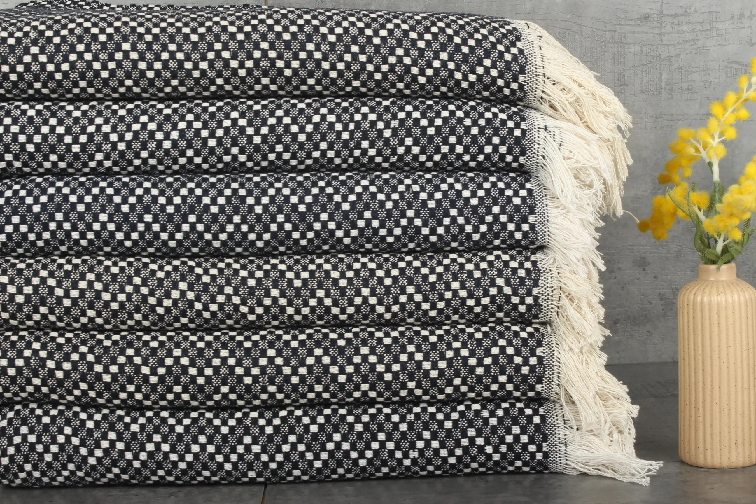 Herringbone Blanket Custom Navy Cotton Floral Sashiko Embroidered, 67x75 Inches - 1