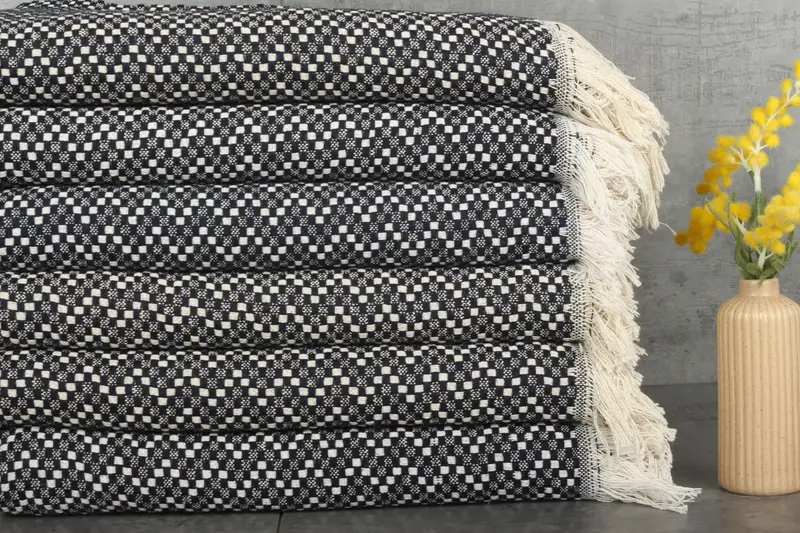 Herringbone Blanket Custom Navy Cotton Floral Sashiko Embroidered, 67x75 Inches