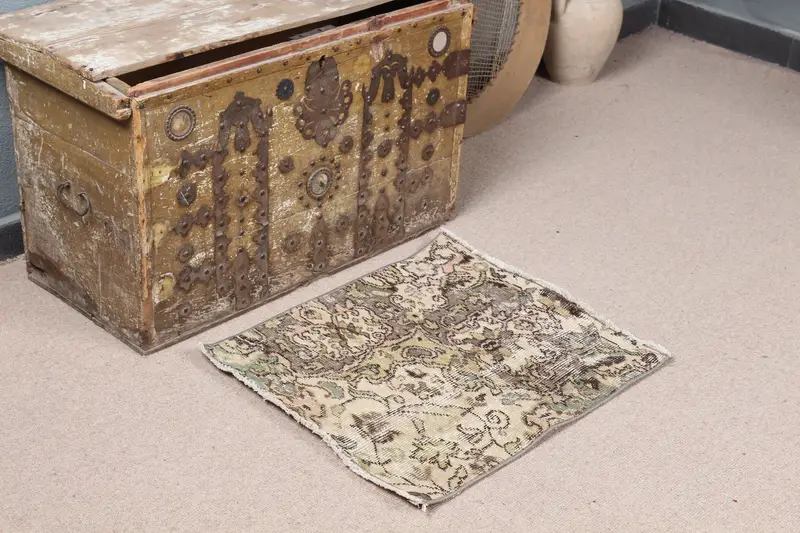 Alfombra Beige con Plantas Verdes 1,9x2,1ft, Decoración Moderna