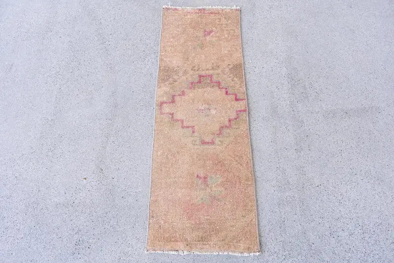 Vintage Turkish Rug, 1x3.1 ft Oushak Rug, Beige Brown Plants & trees Rug - 1