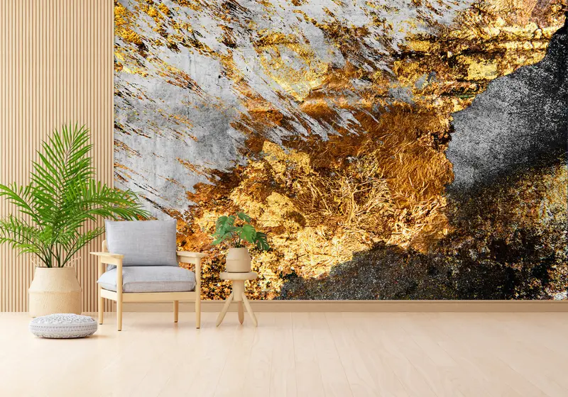 Gray Wall Art, Contemporary Mural, Black And Gold Wall Art, Modern Wall Mural, Abstract Wall Mural, Gold Wall Painting, Black Wallpaper, - 2