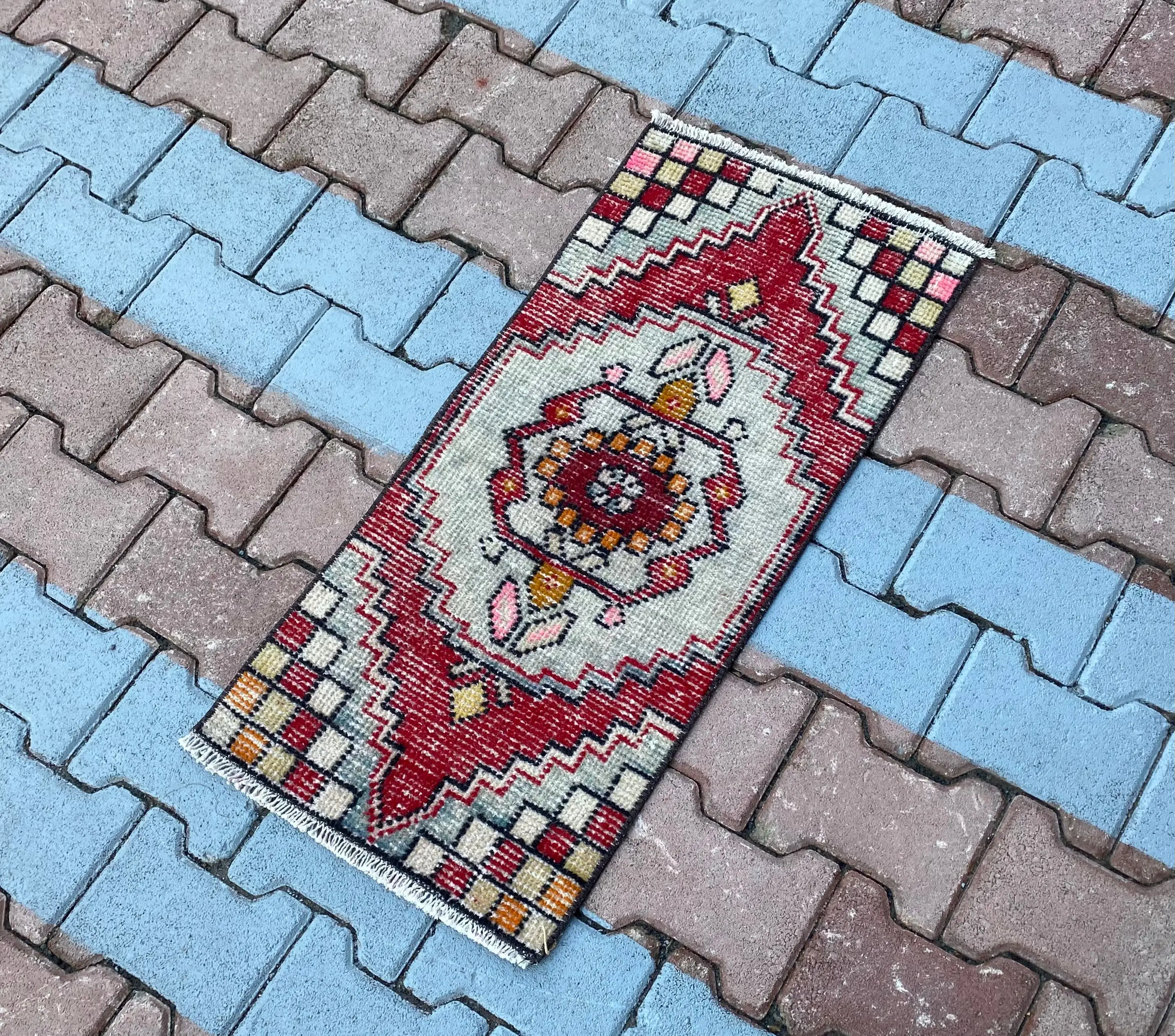 Vintage Turkish Small Rug 1.4x3 ft, Red White Floral Wool Rug - 1