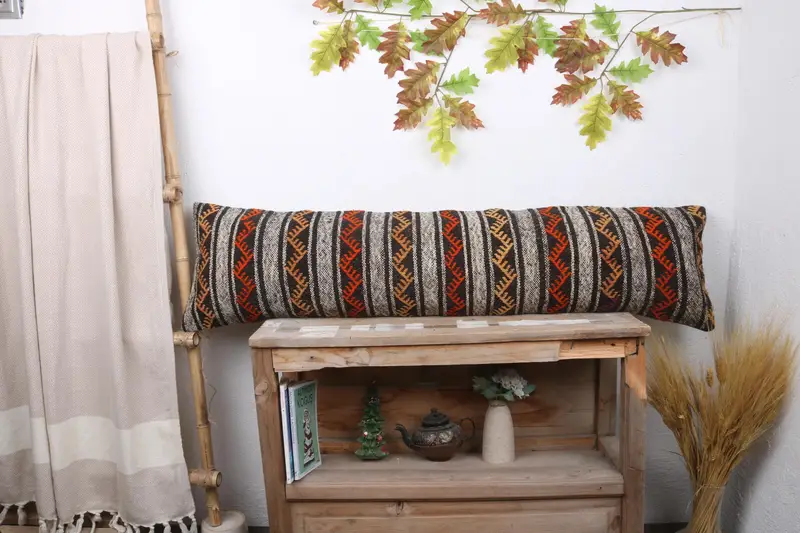 Interior Designer Pillow, Ikat Cushion Case, Pillow Sham, Throw Kilim Pillow, 12x48 Orange Cushion Case, Vintage Kilim Throw Pillow - 1