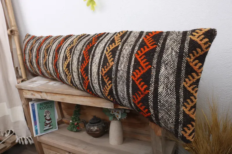 Interior Designer Pillow, Ikat Cushion Case, Pillow Sham, Throw Kilim Pillow, 12x48 Orange Cushion Case, Vintage Kilim Throw Pillow - 4