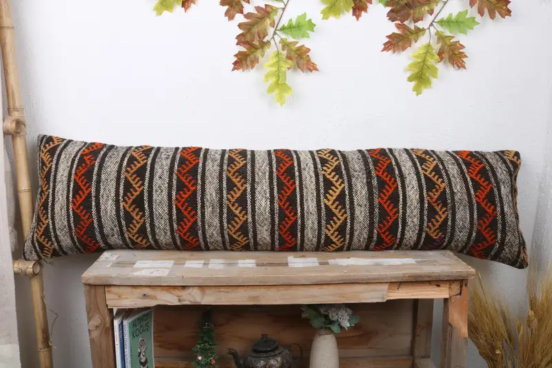 Interior Designer Pillow, Ikat Cushion Case, Pillow Sham, Throw Kilim Pillow, 12x48 Orange Cushion Case, Vintage Kilim Throw Pillow - 2