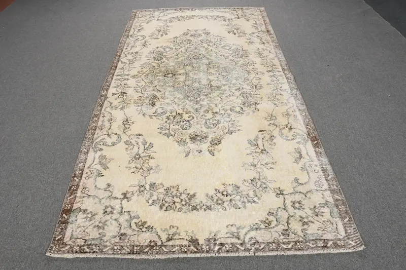 4.4x8.5 ft Rug, Turkish Vintage Rug, White Oushak Wool Rug - 1