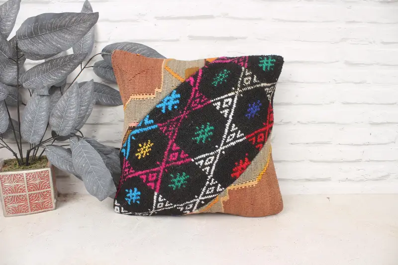 Throw Kilim Pillow, Kilim Pillow, Bright Pillow Cover, Boho Pillow Sham Cover, Decorative Throw Pillow Case, 16x16 Pink Pillow Case, Pillow Case - 1