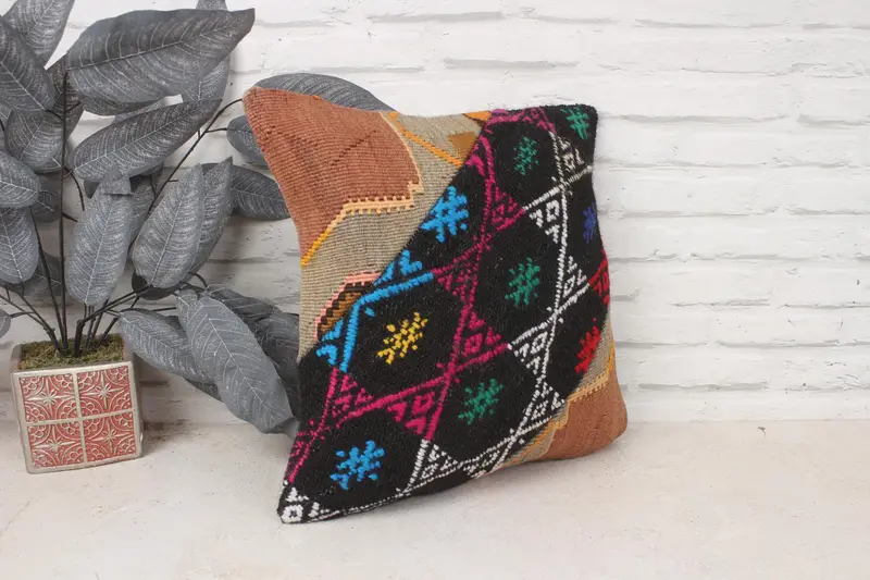 Throw Kilim Pillow, Kilim Pillow, Bright Pillow Cover, Boho Pillow Sham Cover, Decorative Throw Pillow Case, 16x16 Pink Pillow Case, Pillow Case - 3