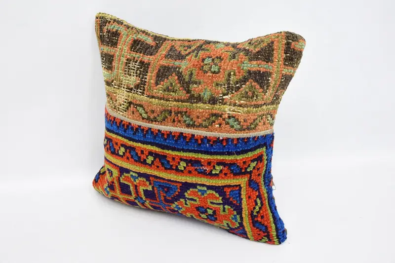 Turkish Pillow, Ethnical Kilim Rug Pillow, Vintage Pillow, Pillow Sham, 16x16 Blue Pillow Case, Personalized Gift Pillow Pillow Case - 4