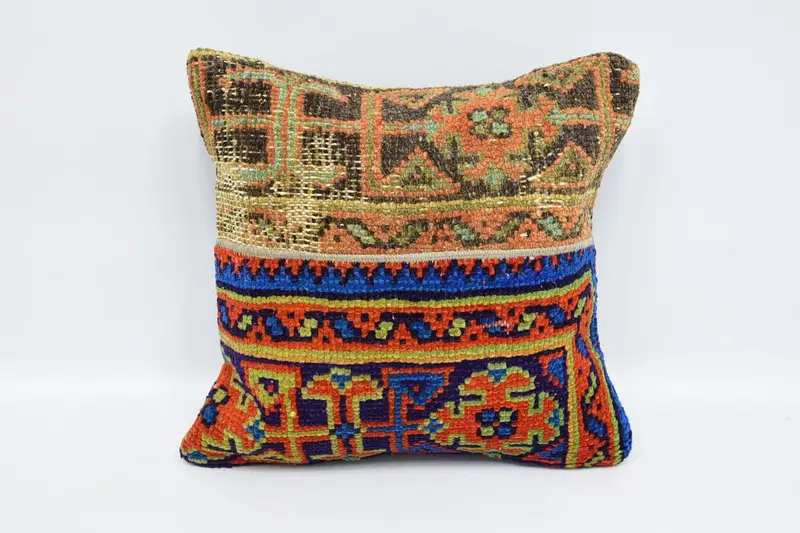 Turkish Pillow, Ethnical Kilim Rug Pillow, Vintage Pillow, Pillow Sham, 16x16 Blue Pillow Case, Personalized Gift Pillow Pillow Case - 1