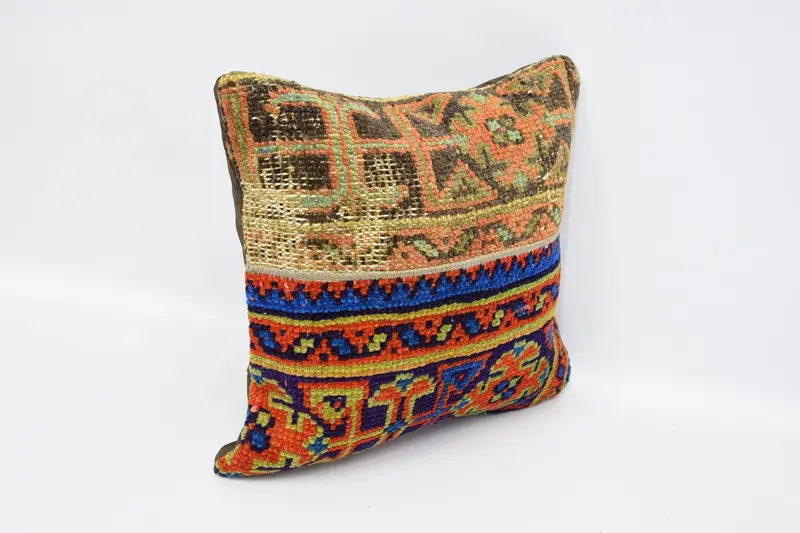Turkish Pillow, Ethnical Kilim Rug Pillow, Vintage Pillow, Pillow Sham, 16x16 Blue Pillow Case, Personalized Gift Pillow Pillow Case - 3