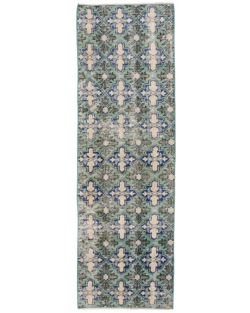 2.2x6.9フィート グリーン&ブルー ペルシャ絨毯、エレガントな装飾