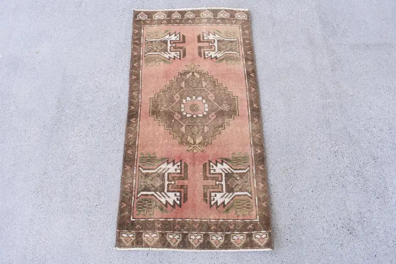 Alfombra turca vintage pequeña de 48 x 99 cm, alfombra Ikat Oushak naranja - 1