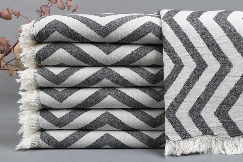 Turkish Bath Towel Zigzag Peshtemal, Beige, 34x71 Inches