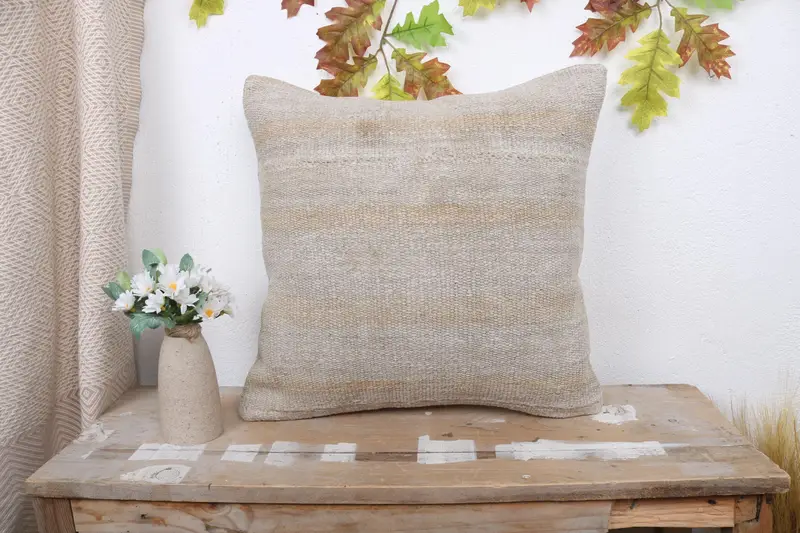 Ethnical Kilim Rug Pillow, Kilim Cushion Sham, Couch Pillow Sham, Interior Designer Pillow, Rustic Pillow Cover, Cushion, 18x18 Beige Cushion Cover - 1
