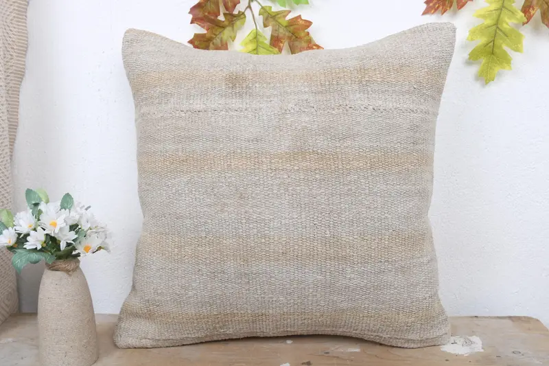 Ethnical Kilim Rug Pillow, Kilim Cushion Sham, Couch Pillow Sham, Interior Designer Pillow, Rustic Pillow Cover, Cushion, 18x18 Beige Cushion Cover - 2