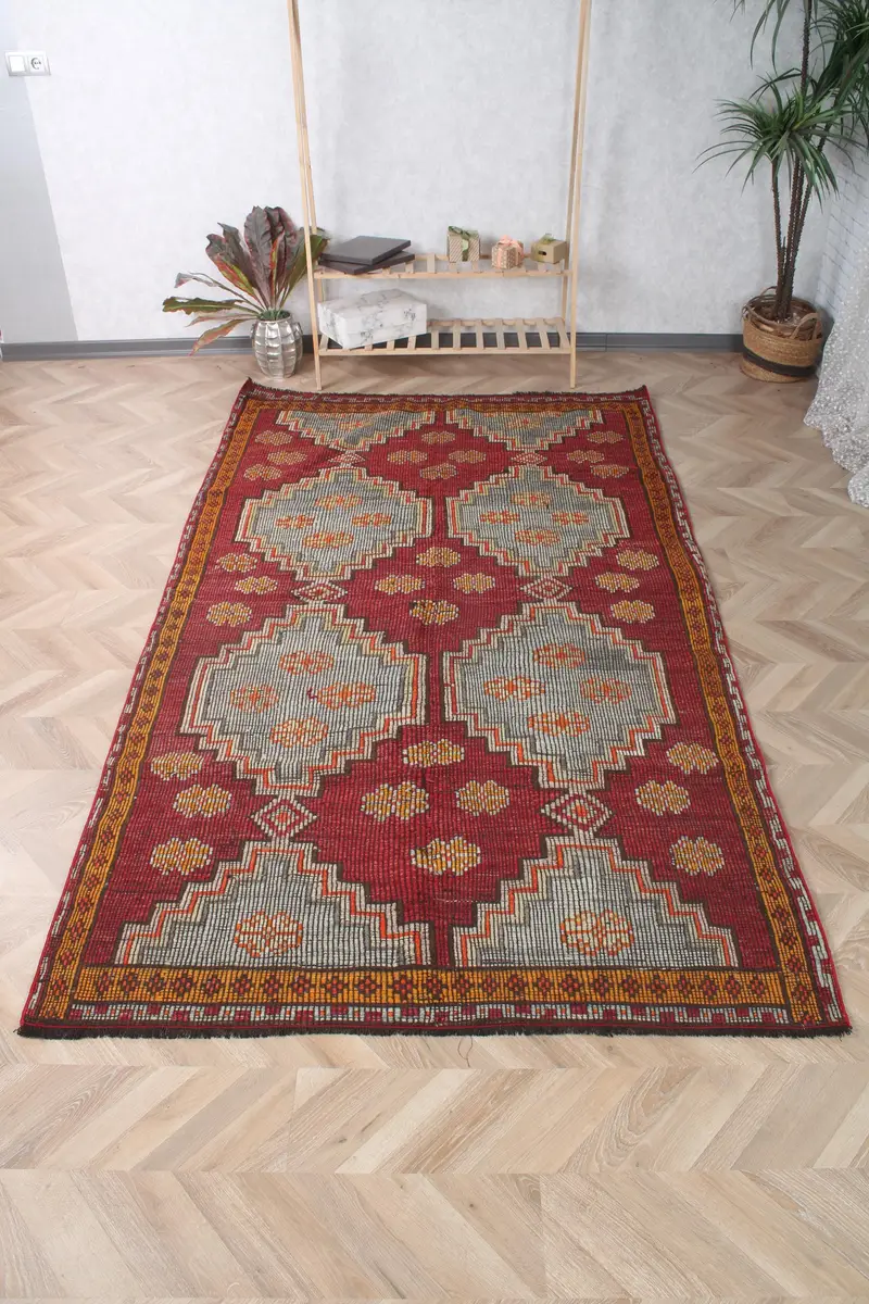 Vintage 5x8.1 ft Büyük Halı, Türk Halısı, Kilim Kırmızı Geometrik Halı - 1