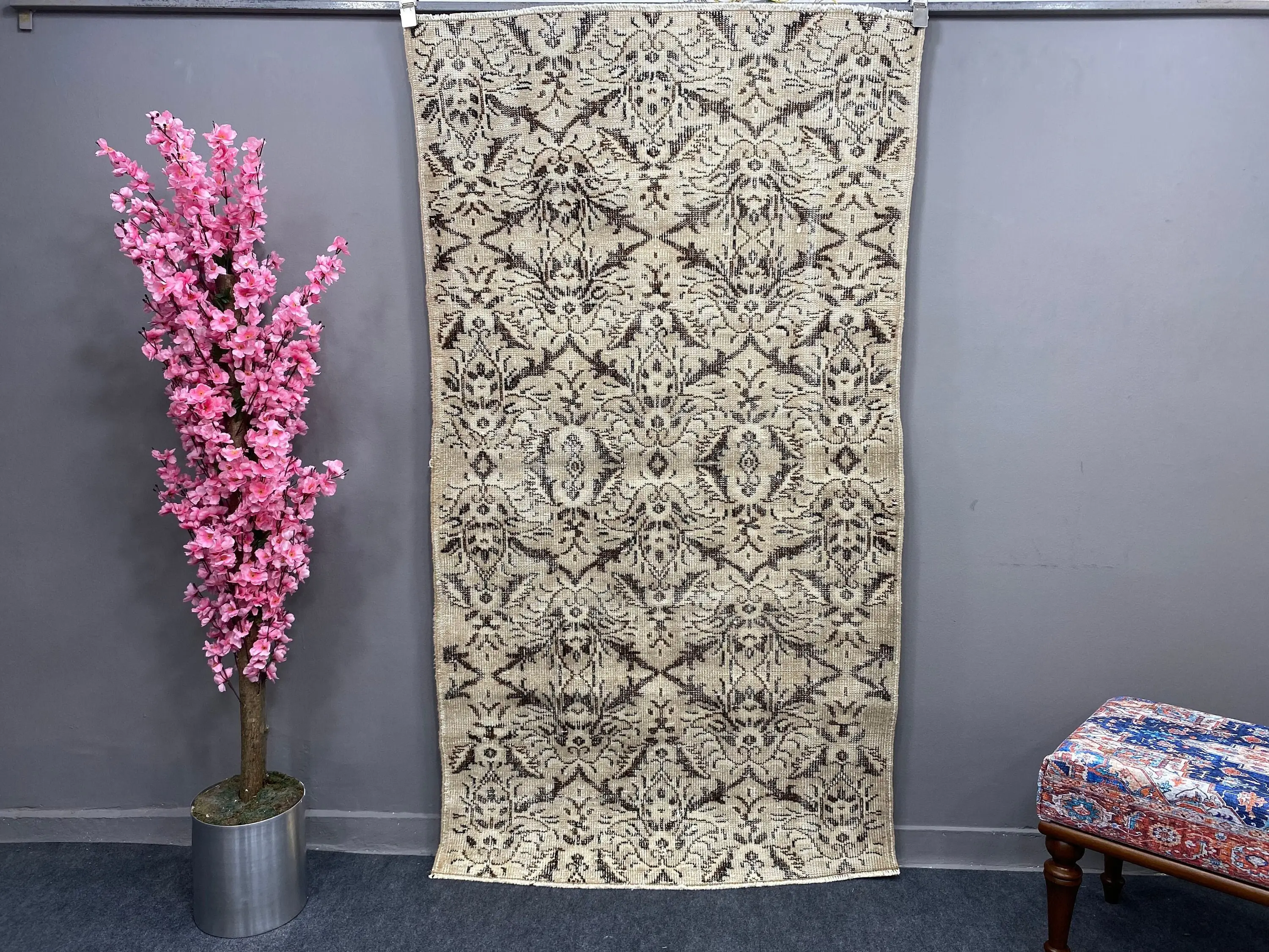 Turkish Vintage Rug 3.5x6.6 ft, Brown Oriental Rug - 1