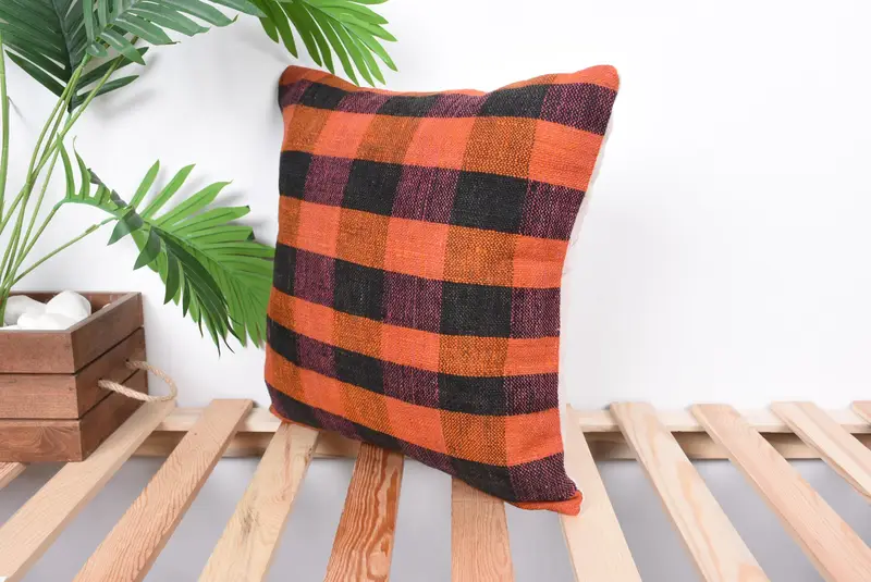 Cotton Pillow Sham, Boho Pillow Sham Cover, Kilim Pillow, Turkish Kilim Pillow, Pillow, 16x16 Orange Pillow Sham, Accent Throw Cushion Case - 5