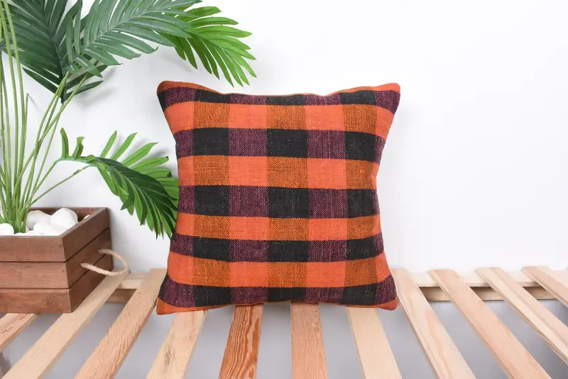 Cotton Pillow Sham, Boho Pillow Sham Cover, Kilim Pillow, Turkish Kilim Pillow, Pillow, 16x16 Orange Pillow Sham, Accent Throw Cushion Case - 1