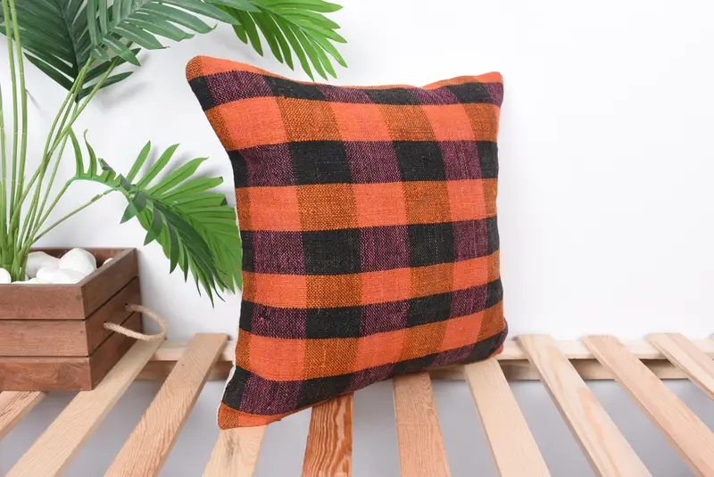 Cotton Pillow Sham, Boho Pillow Sham Cover, Kilim Pillow, Turkish Kilim Pillow, Pillow, 16x16 Orange Pillow Sham, Accent Throw Cushion Case - 4